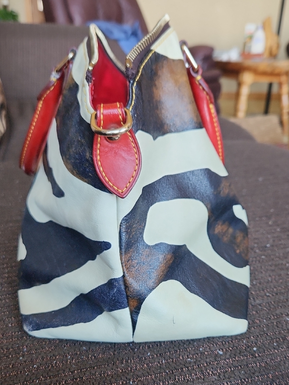 Vtg Dooney & Bourke Zebra-Print Satchel with Red Leather Accents Rehab Bag - Picture 13 of 13